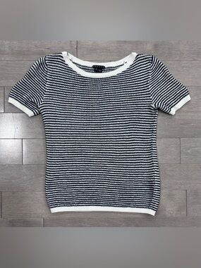 Theory Navy White Striped Crewneck Sweater Top Cotton Short Sleeve, Petite